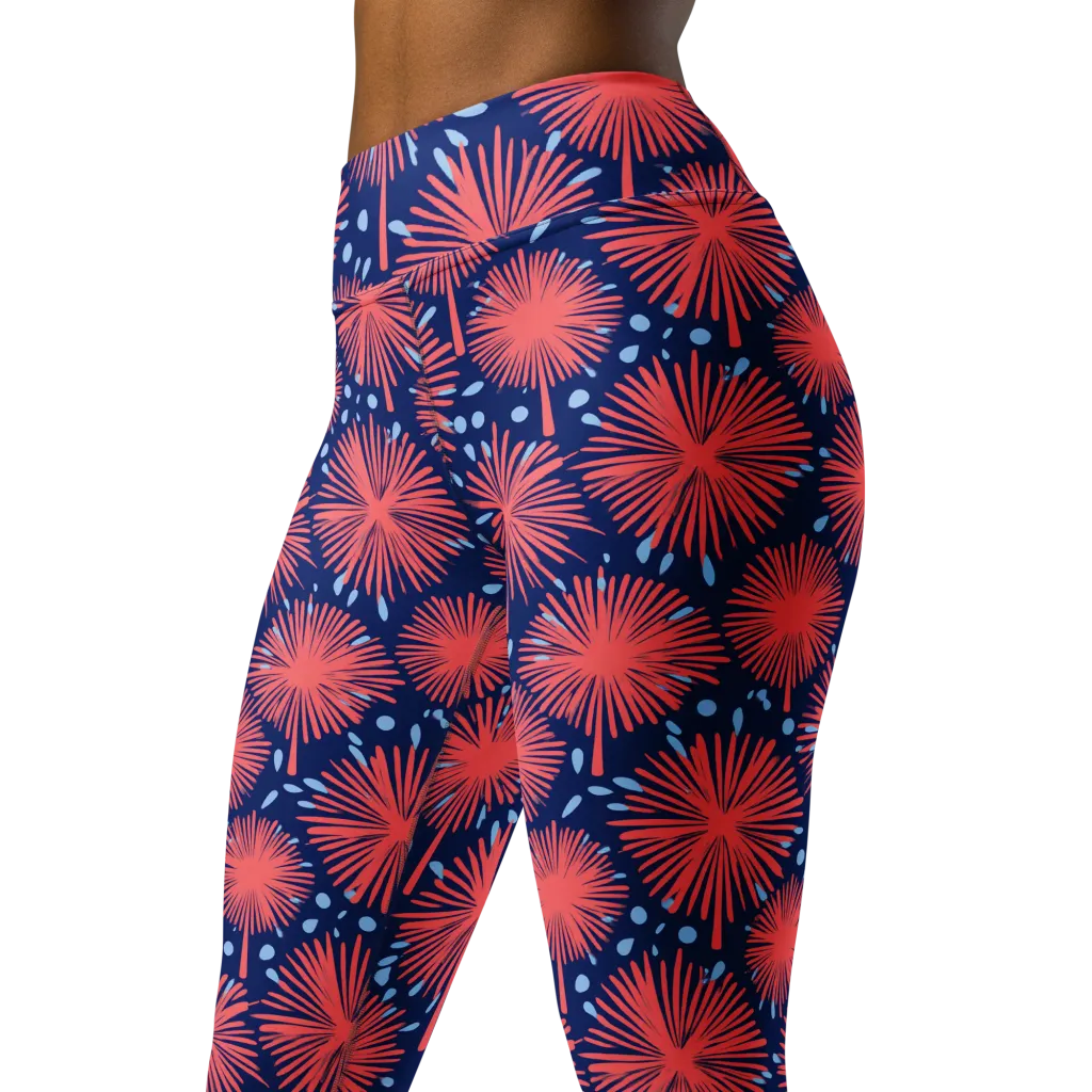 Coral Fireflower on Yoga Leggings — Left Front
