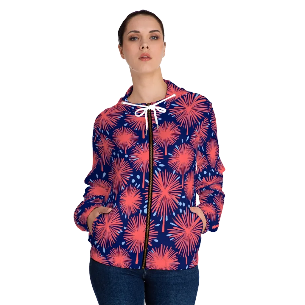 Coral Fireflower on Women's Full-Zip Hoodie — Front On Person