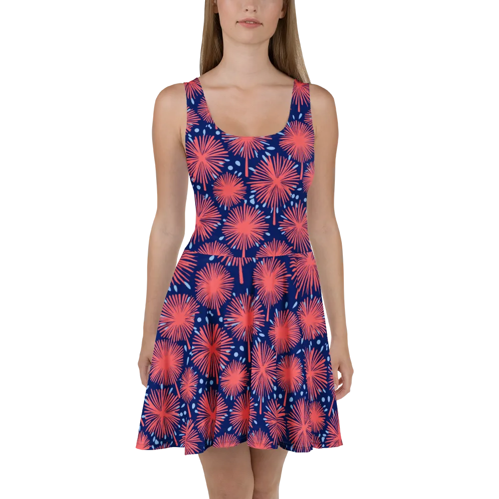 Coral Fireflower on Skater Dress — Front