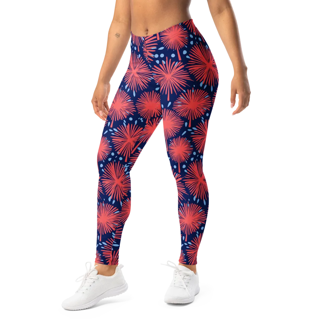Coral Fireflower on Leggings — Left Front