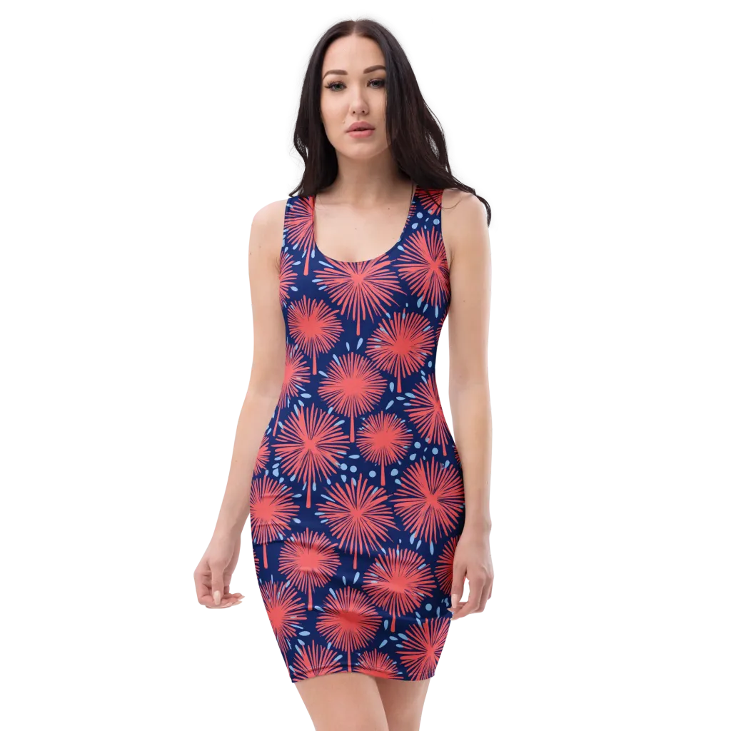 Coral Fireflower on Bodycon Dress — Front