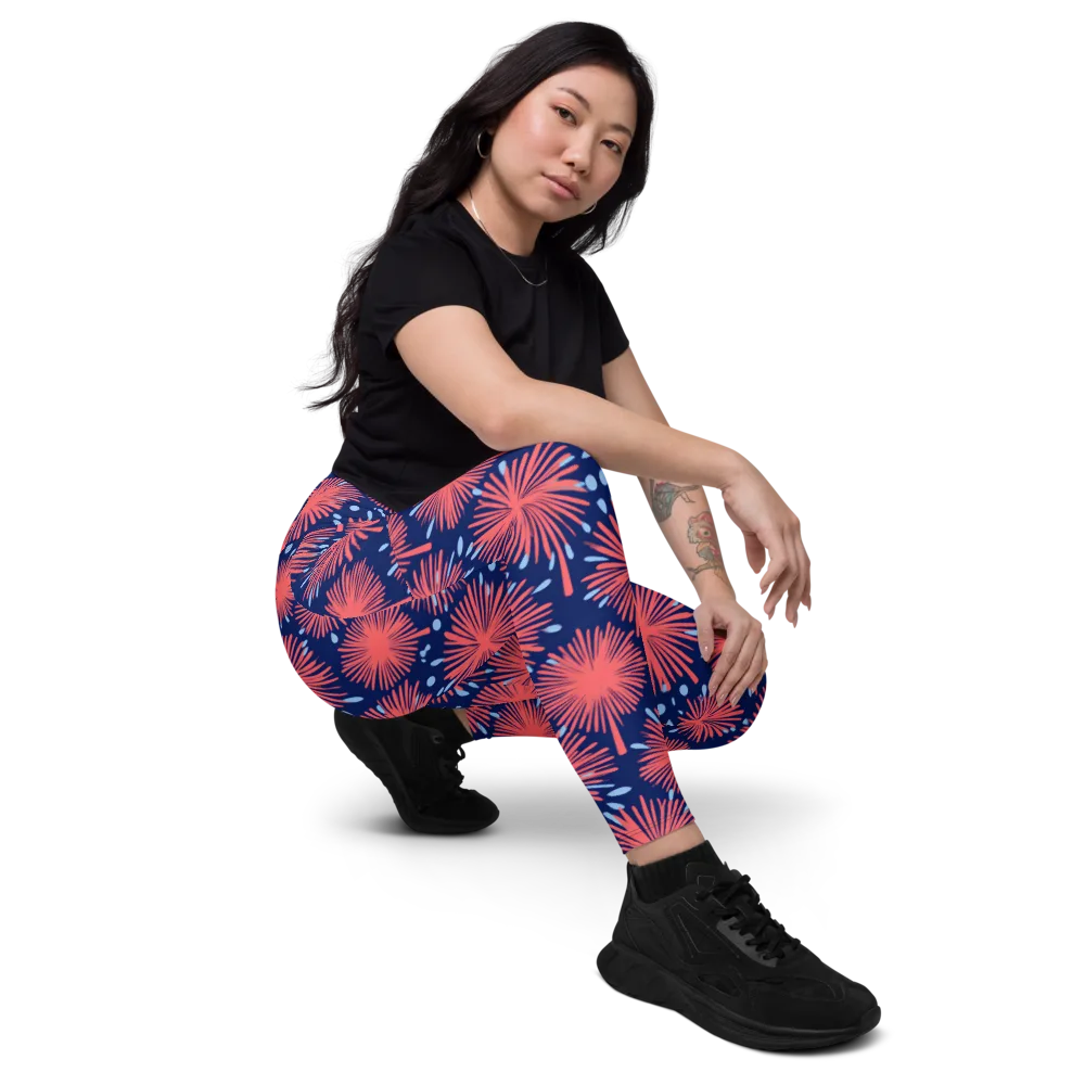 Coral Fireflower on Leggings with Pockets — Right Front