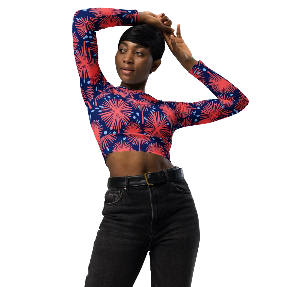 Coral Fireflower on Long Sleeve Crop Top — Front