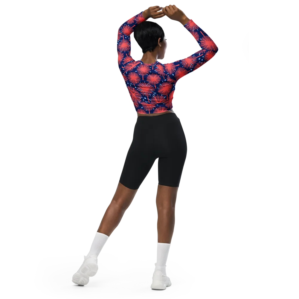 Coral Fireflower on Long Sleeve Crop Top — Back