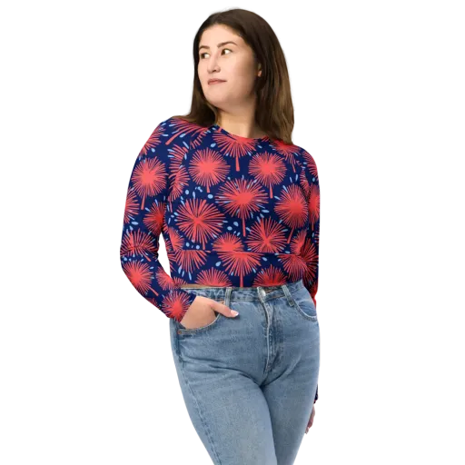 Coral Fireflower on a Long Sleeve Crop Top