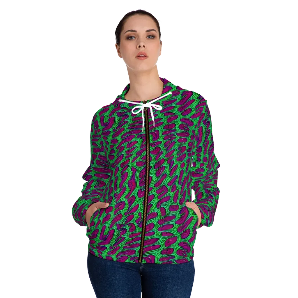 Neon Amoeba on Women's Full-Zip Hoodie — Front On Person