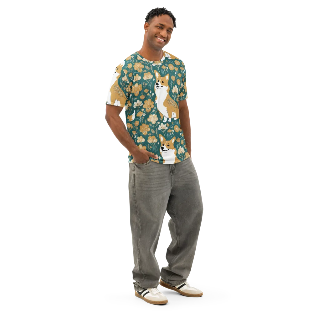 Marigold Corgi on Men's Cotton Crew Neck T-Shirt — Right Front