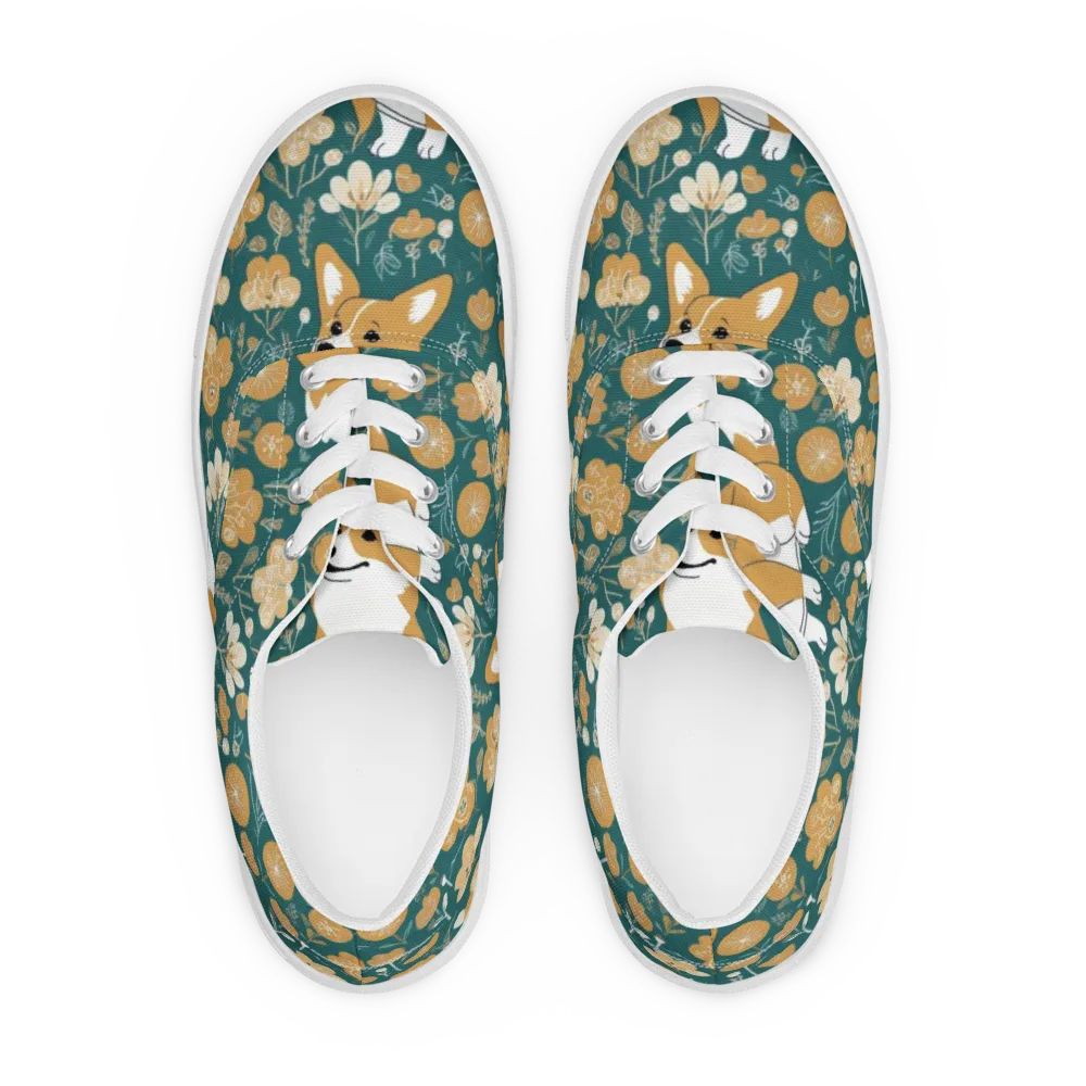 Marigold Corgi on Men's Lace-Up Canvas Shoes — Front
