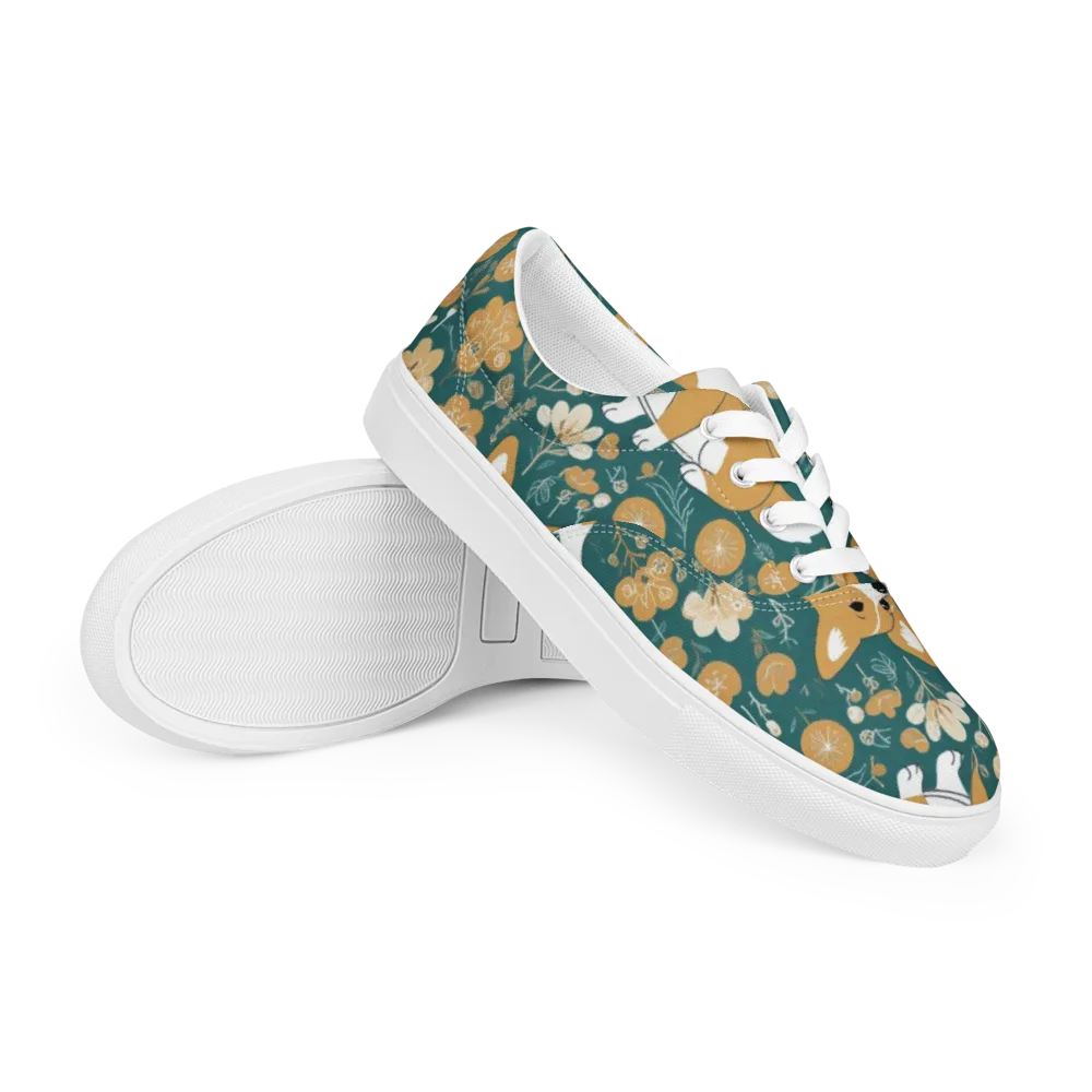 Marigold Corgi on Men's Lace-Up Canvas Shoes — Right Front