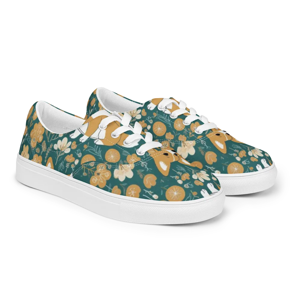 Marigold Corgi on Men's Lace-Up Canvas Shoes — Right Front