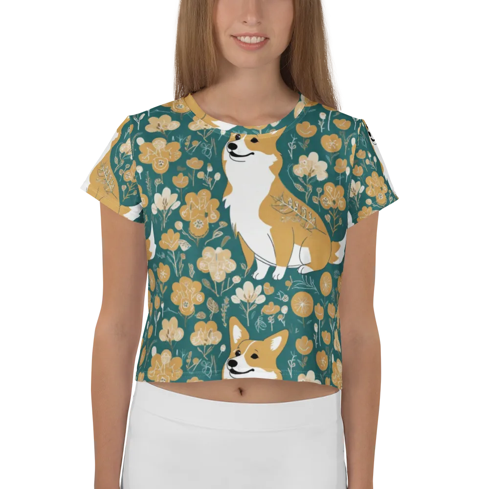 Marigold Corgi on Crop Tee — Front