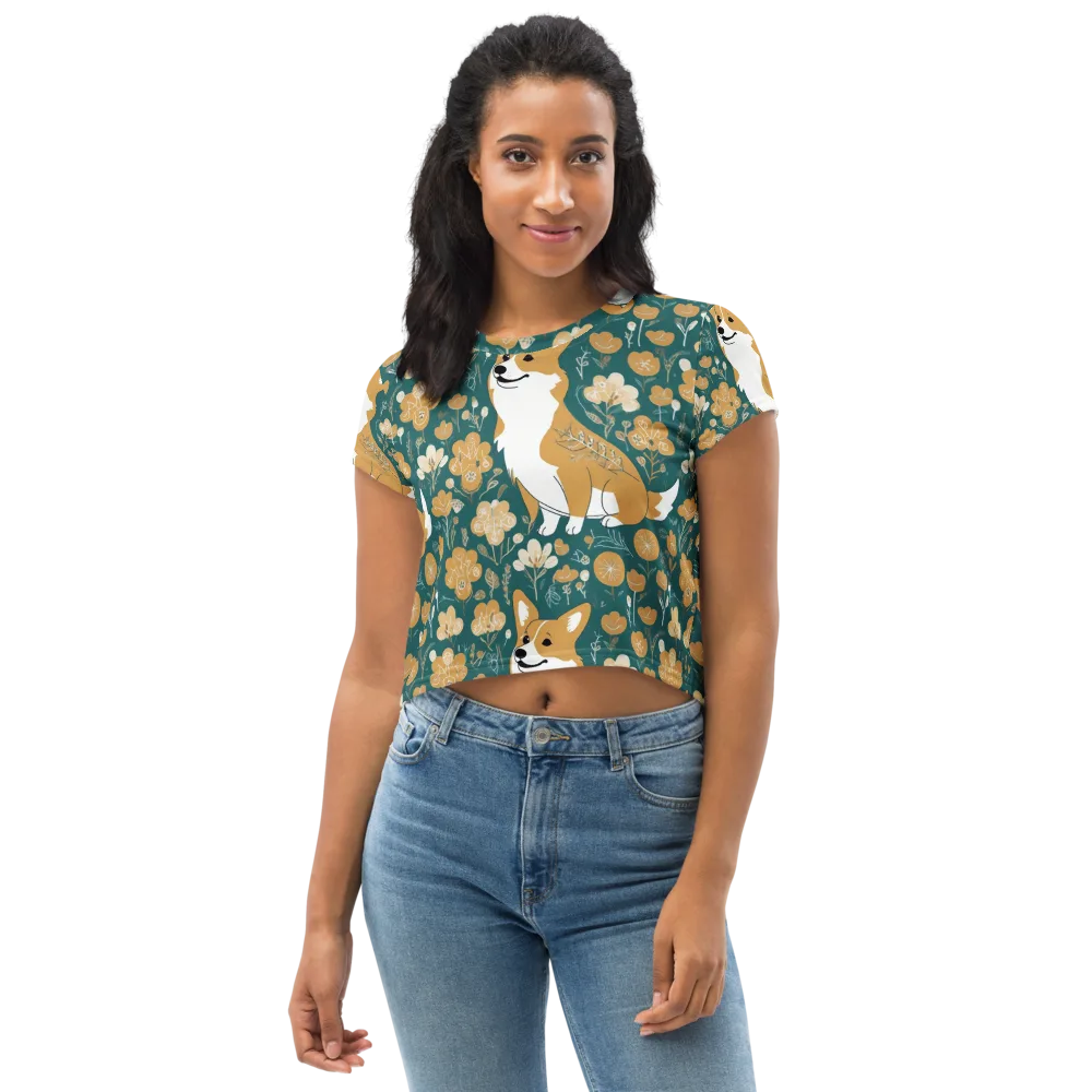 Marigold Corgi on Crop Tee — Front