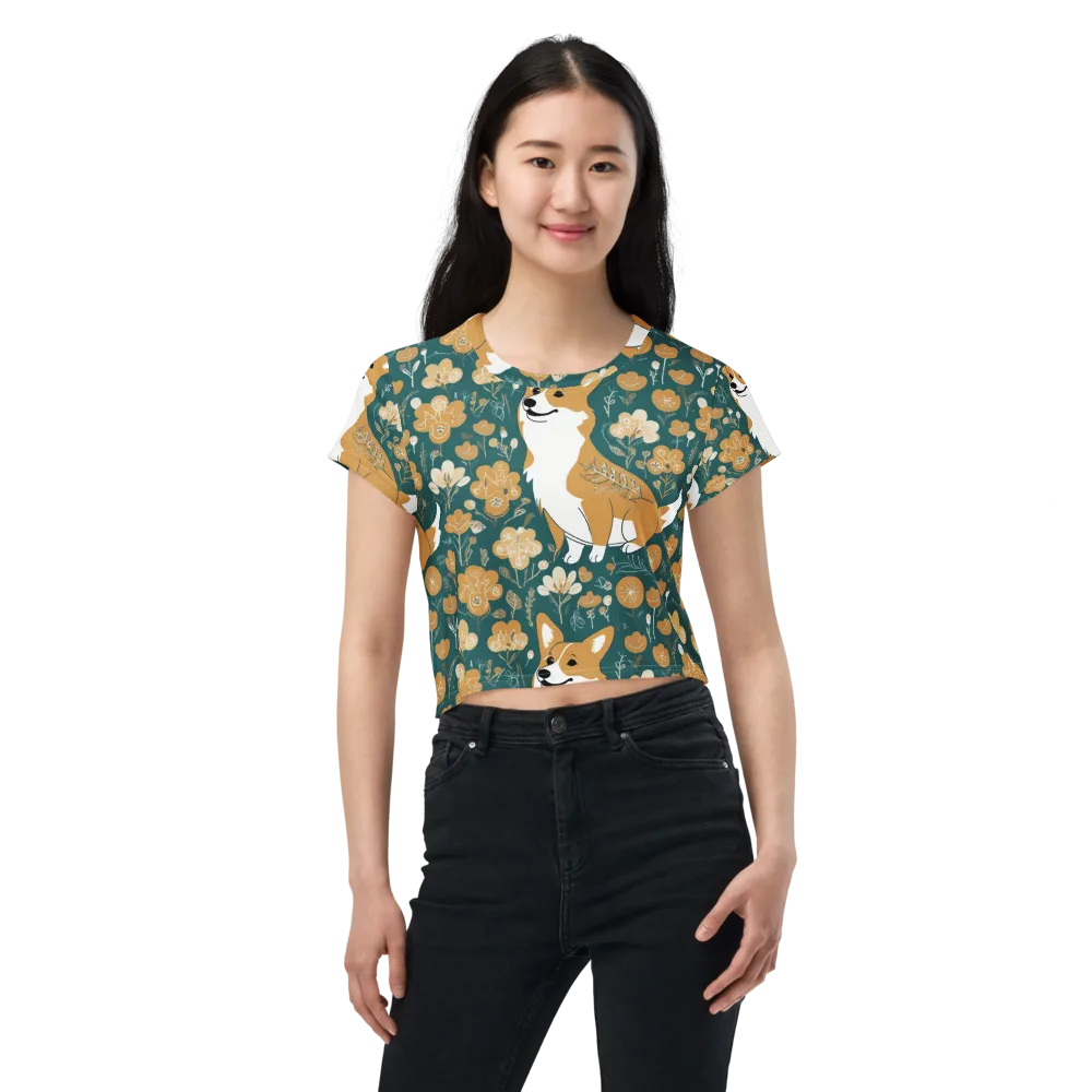 Marigold Corgi on Crop Tee — Front