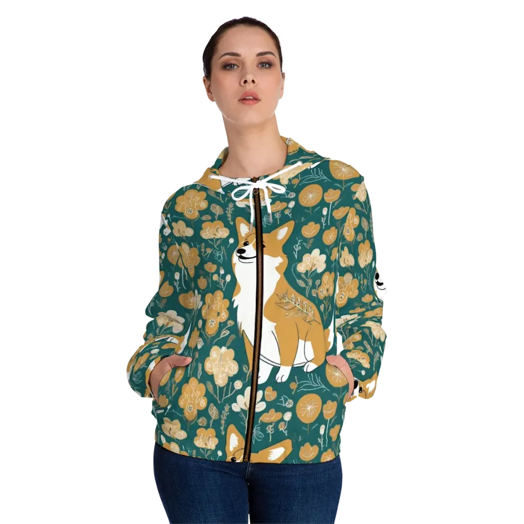 Marigold Corgi on Women's Full-Zip Hoodie — Front On Person