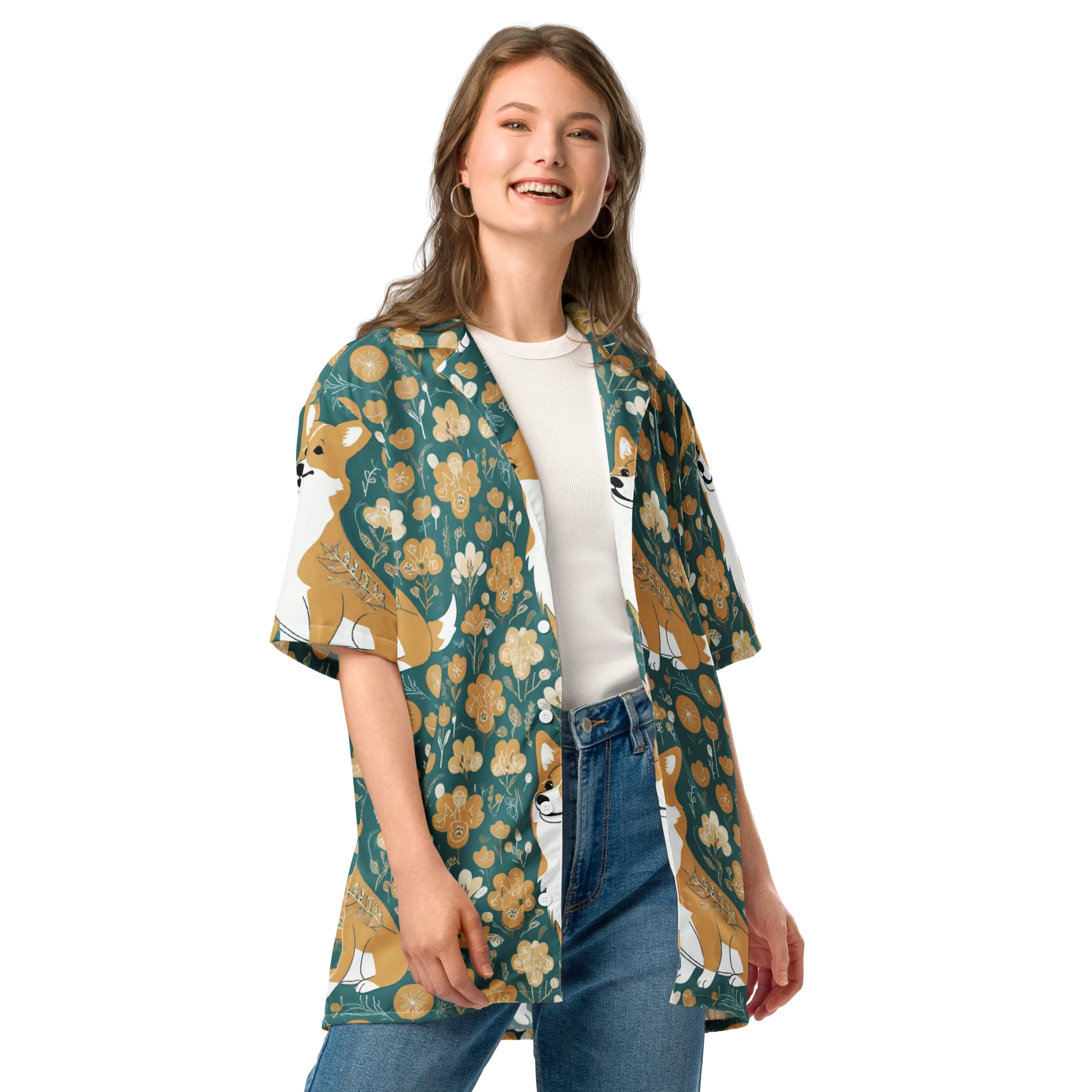 Marigold Corgi on Button Shirt — Front