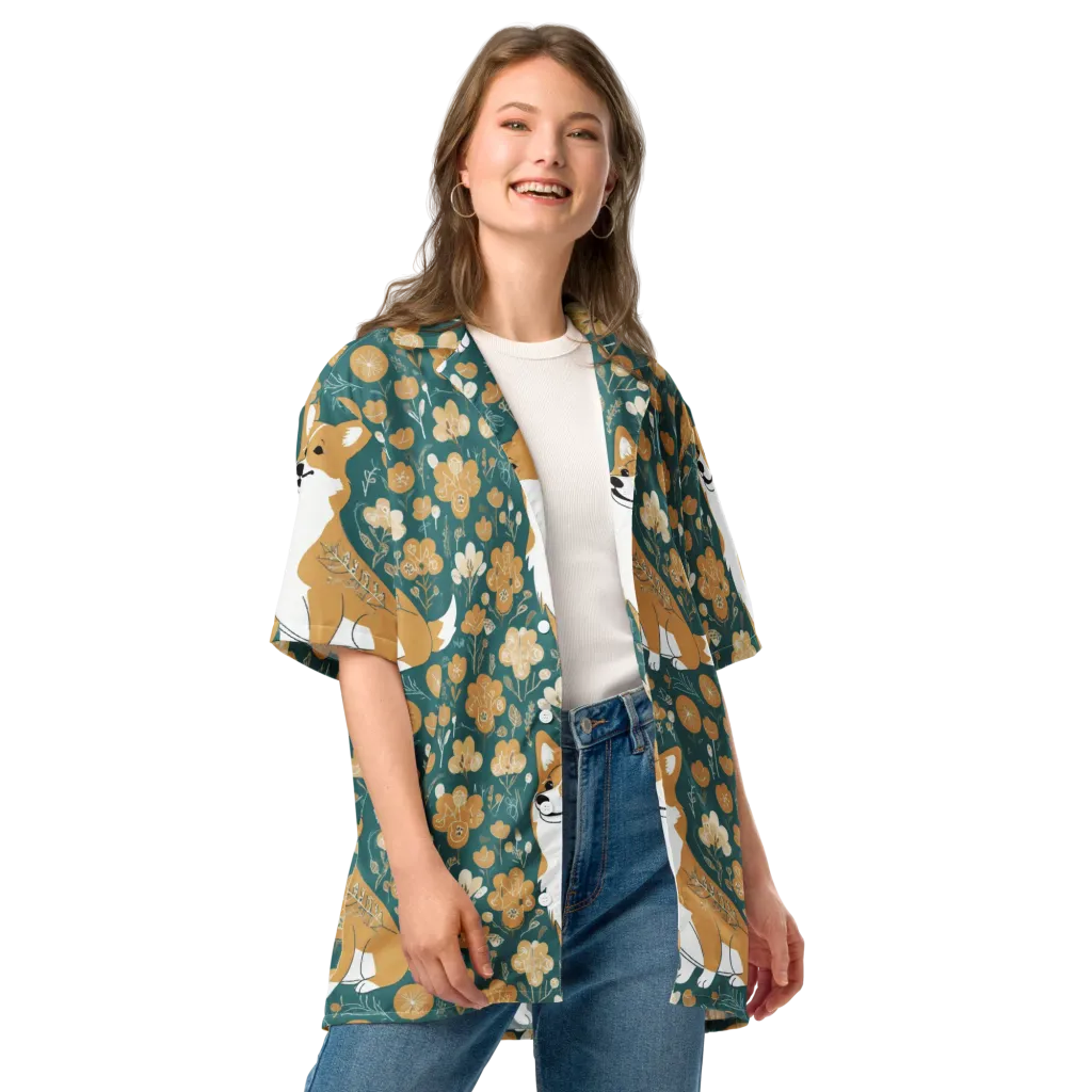 Marigold Corgi on Button Shirt — Front