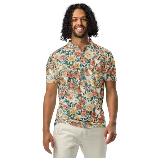 Garden Corgi on a Men's Slim Fit Polo Shirt