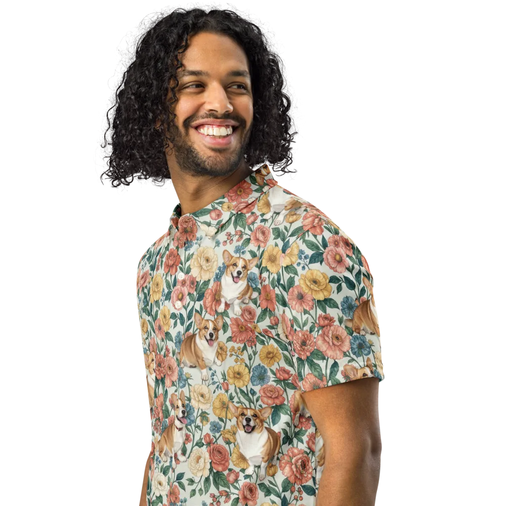 Garden Corgi on Men's Slim Fit Polo Shirt — Left Front