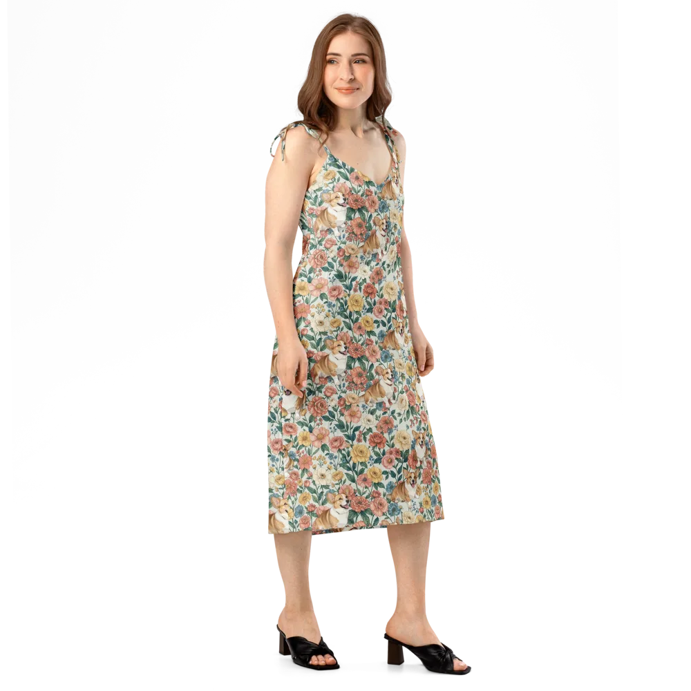 Garden Corgi on Slip Dress — Right Front
