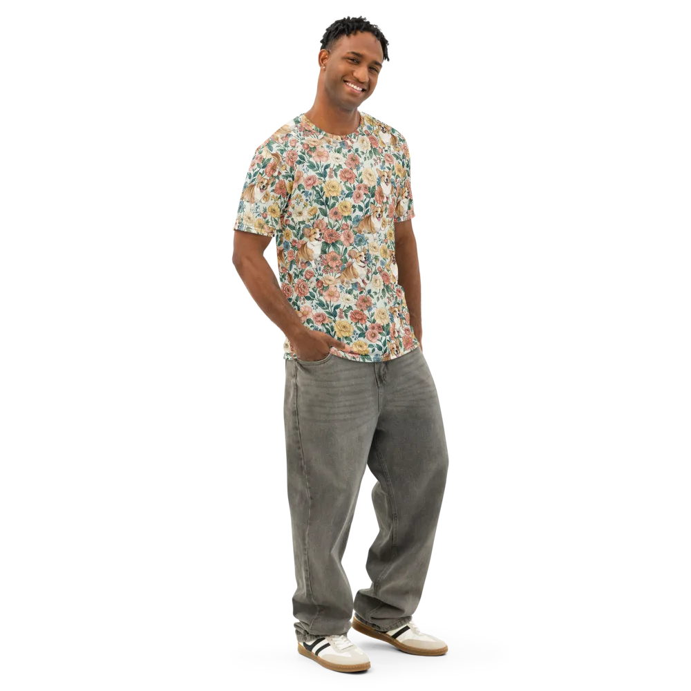 Garden Corgi on Men's Cotton Crew Neck T-Shirt — Right Front