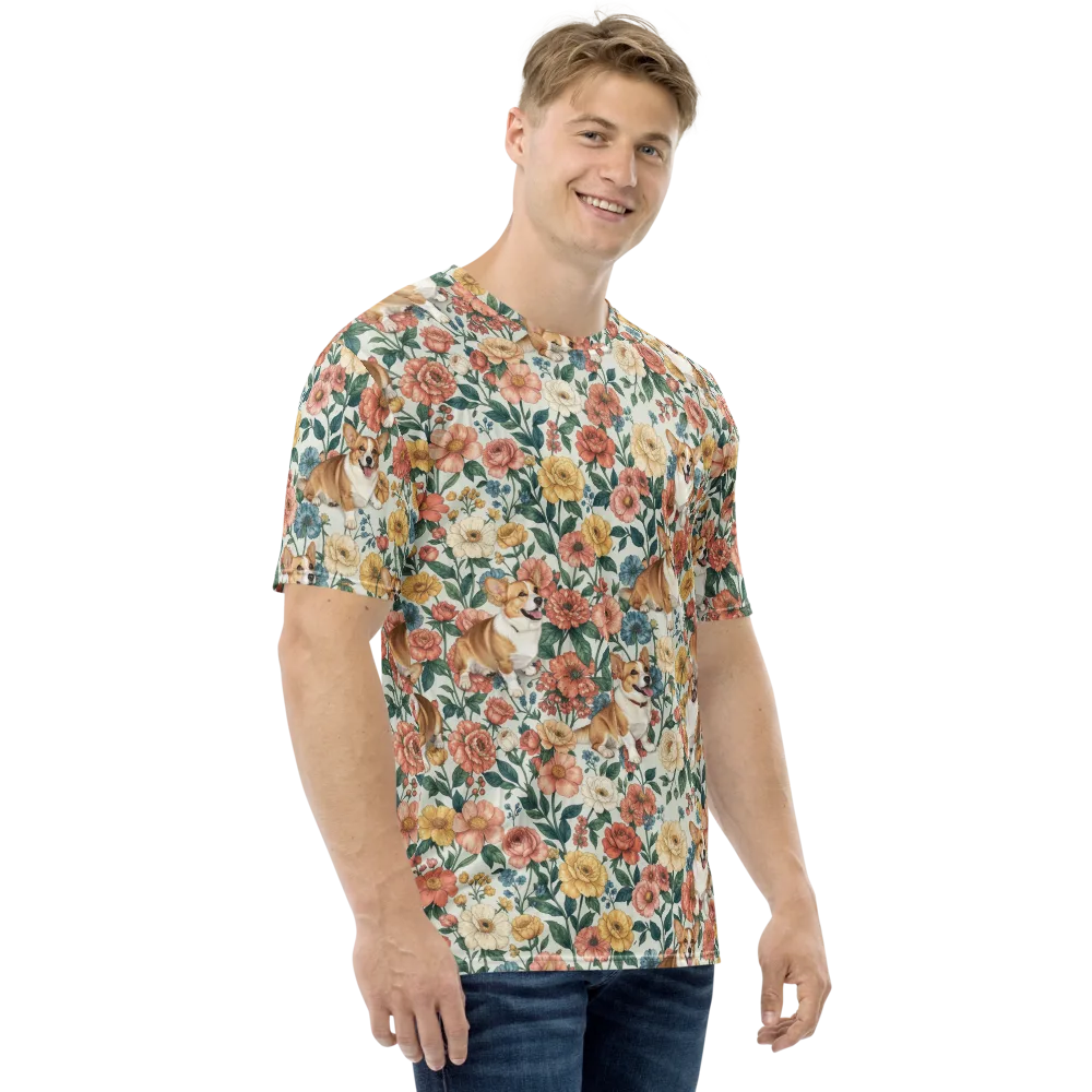 Garden Corgi on Men's Crew Neck T-Shirt — Right