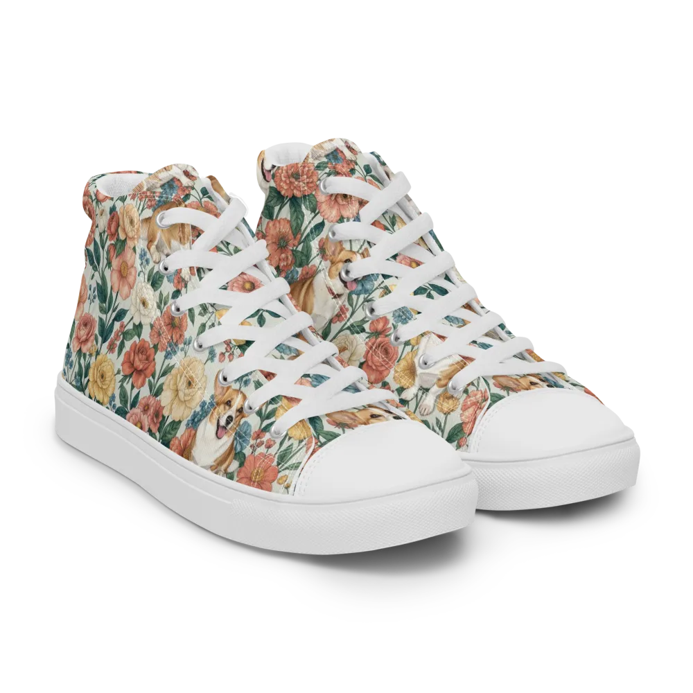 Garden Corgi on Men's High Top Canvas Shoes — Right Front