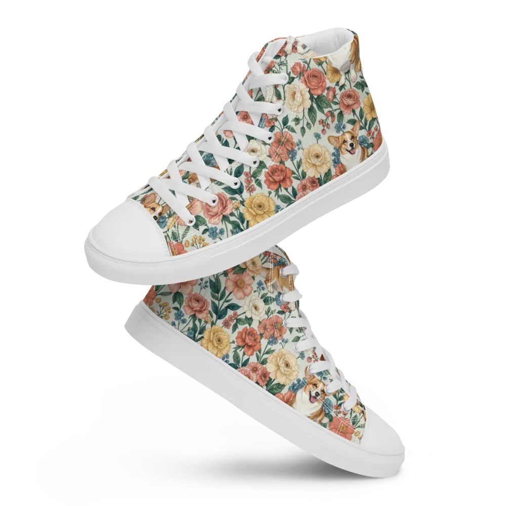 Garden Corgi on Men's High Top Canvas Shoes — Front
