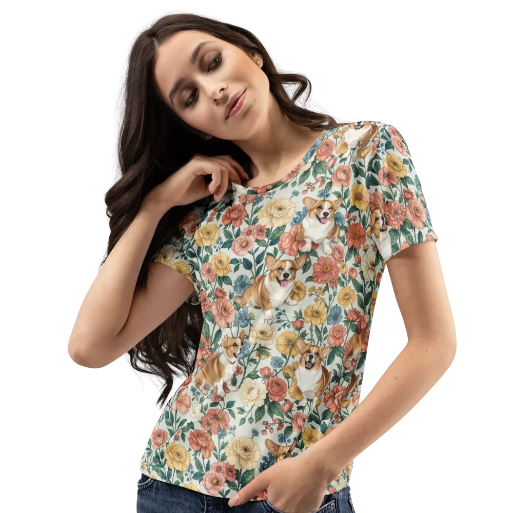 Garden Corgi on Women's Crew Neck T-Shirt — Left Front