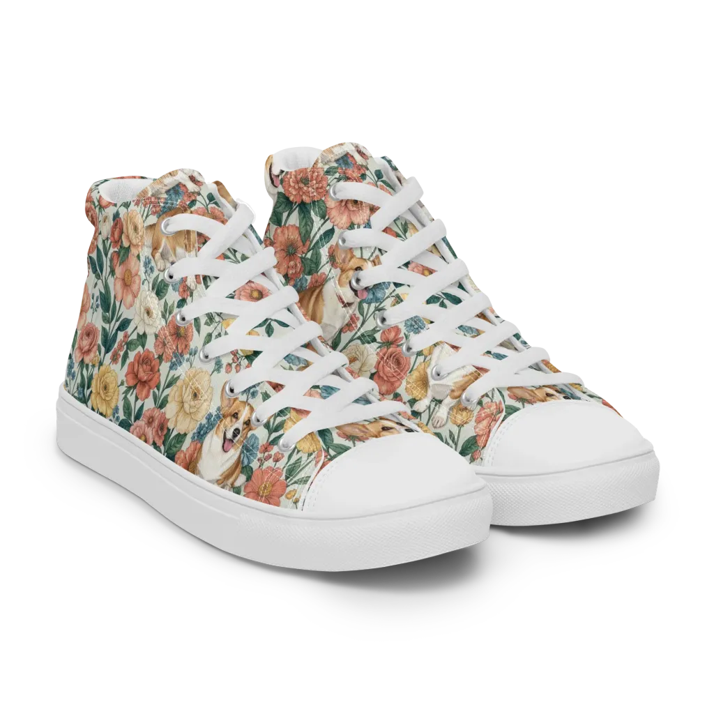 Garden Corgi on Women's High Top Canvas Shoes — Right Front
