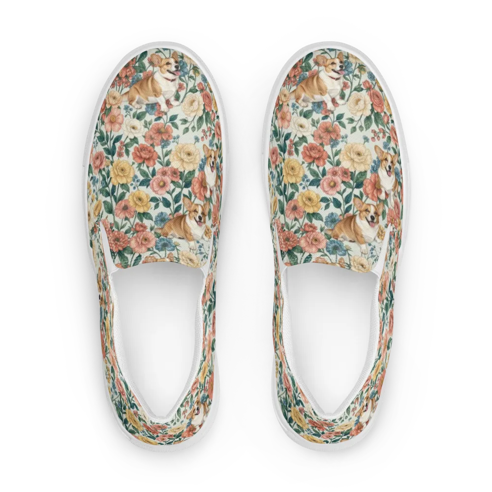 Garden Corgi on Men's Slip-On Canvas Shoes — Front