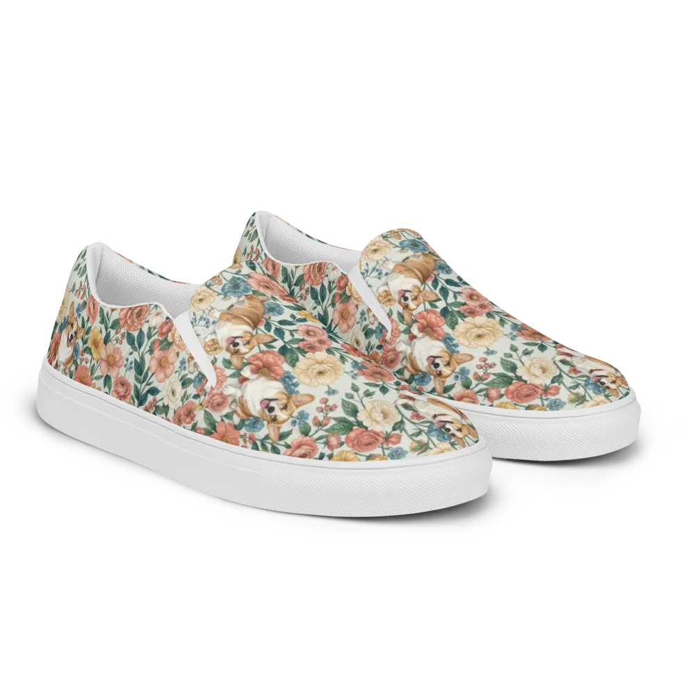 Garden Corgi on Men's Slip-On Canvas Shoes — Right Front