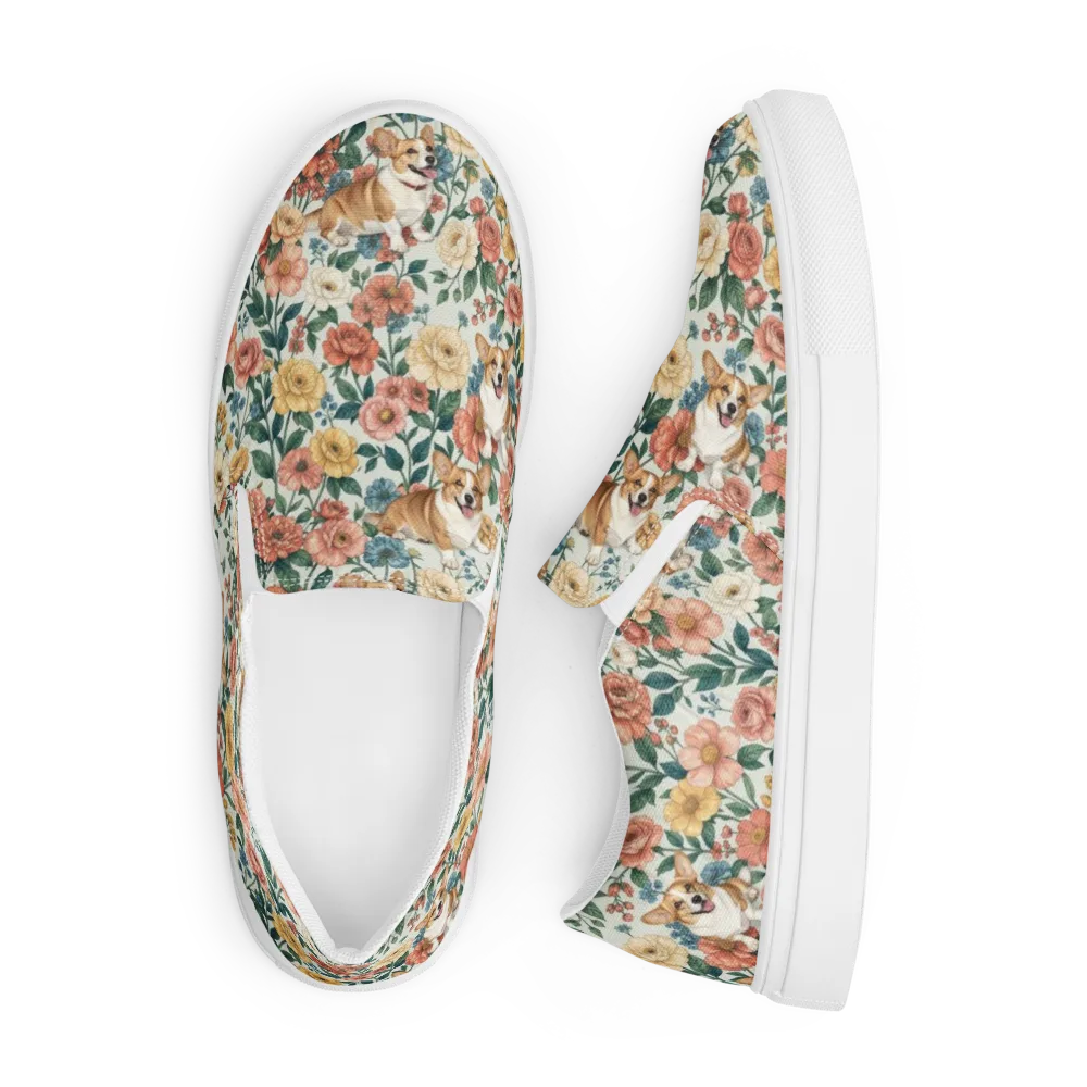 Garden Corgi on Men's Slip-On Canvas Shoes — Front