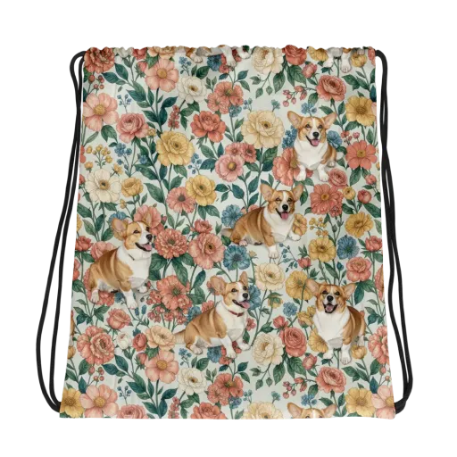 Garden Corgi on a Drawstring Bag