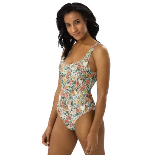 Garden Corgi on a One-Piece Swimsuit