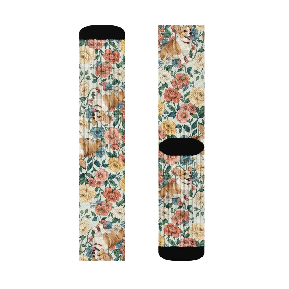 Garden Corgi on Socks — Left Sock