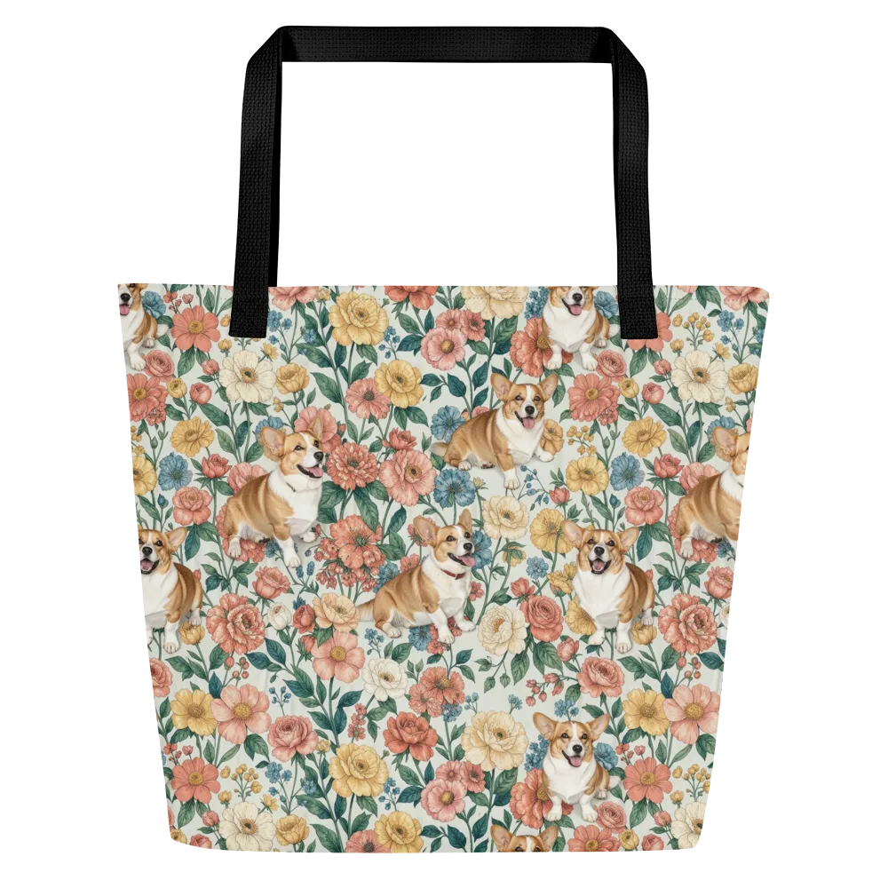 Garden Corgi on Large Tote Bag W/ Pocket — Front