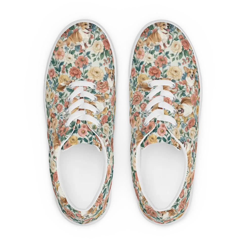 Garden Corgi on Men's Lace-Up Canvas Shoes — Front