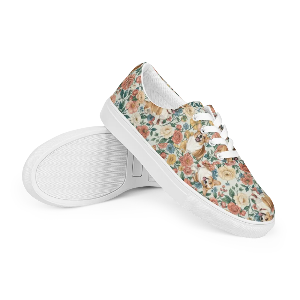 Garden Corgi on Men's Lace-Up Canvas Shoes — Right Front