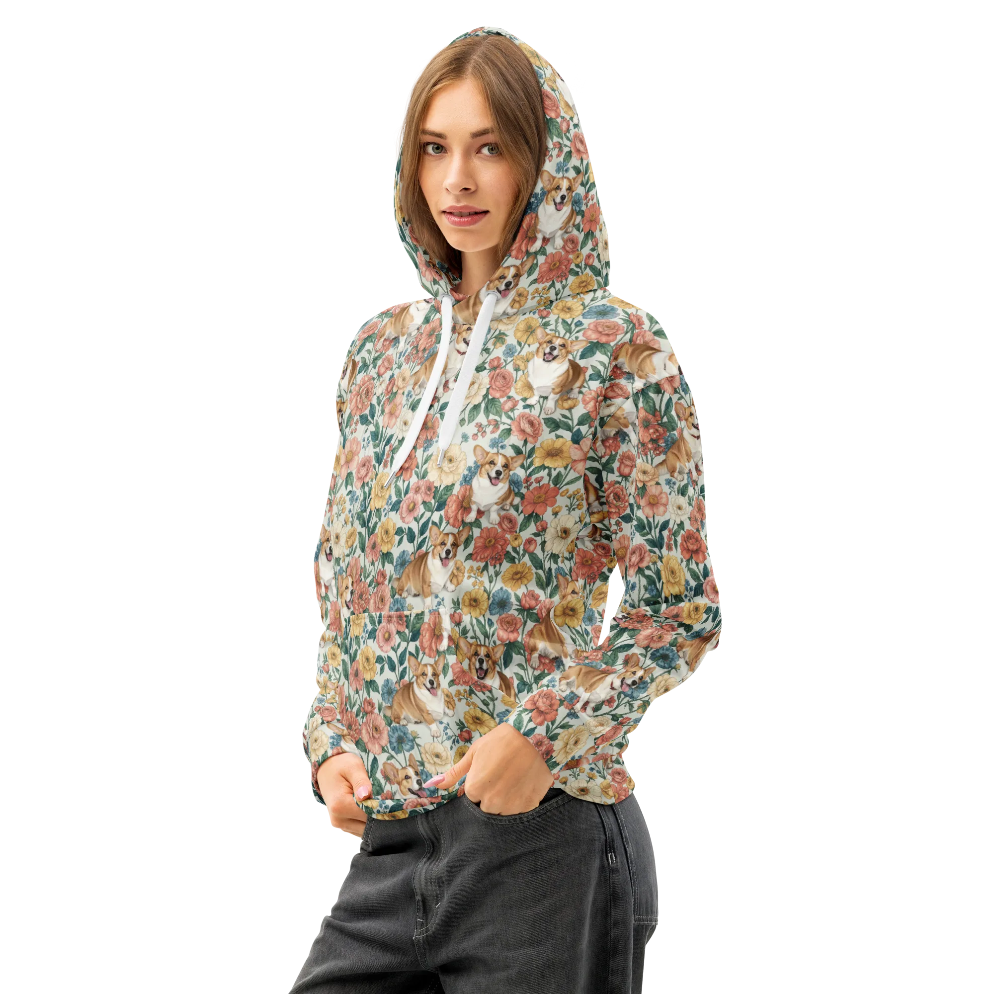Garden Corgi on Cotton Hoodie — Left Front
