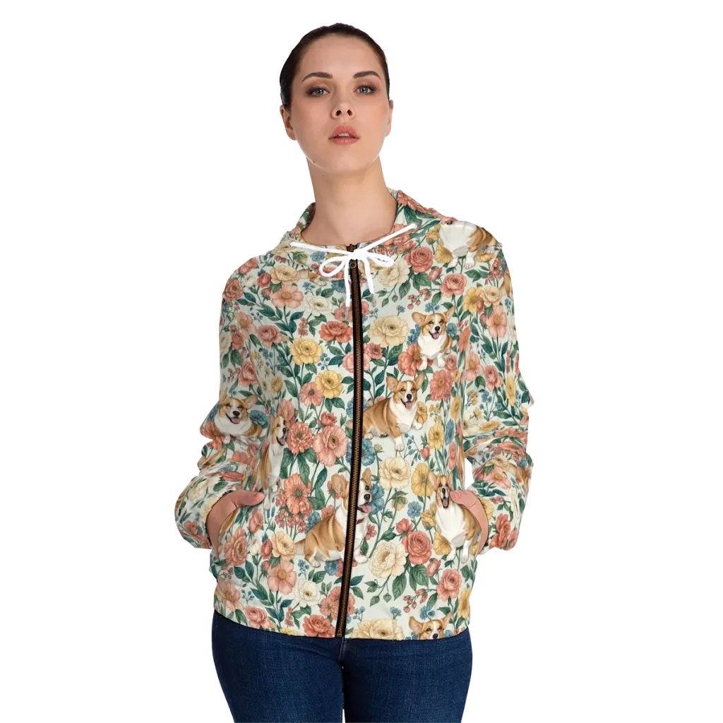 Garden Corgi on Women's Full-Zip Hoodie — Front On Person