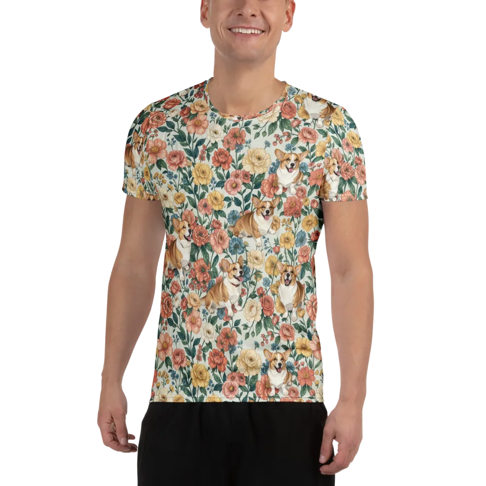 Garden Corgi on Men's Athletic T-Shirt — Front