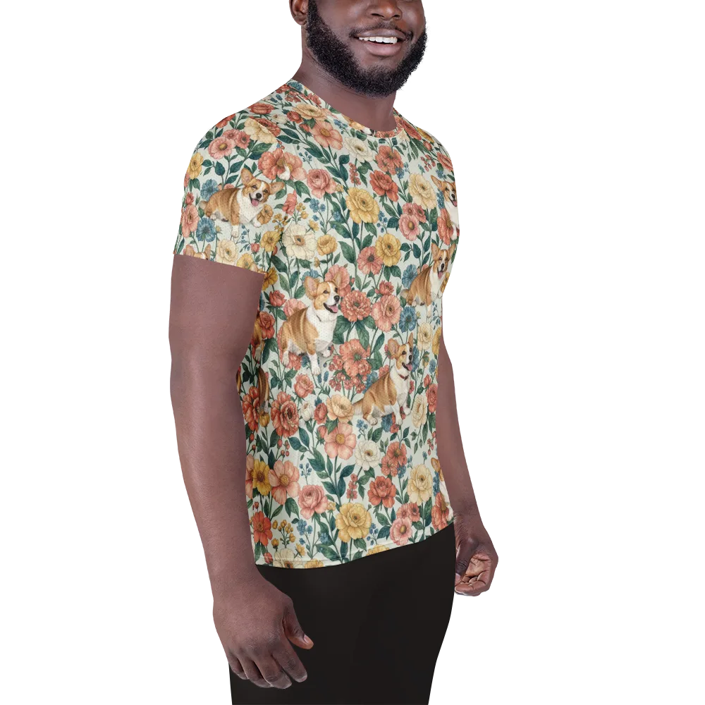 Garden Corgi on Men's Athletic T-Shirt — Right