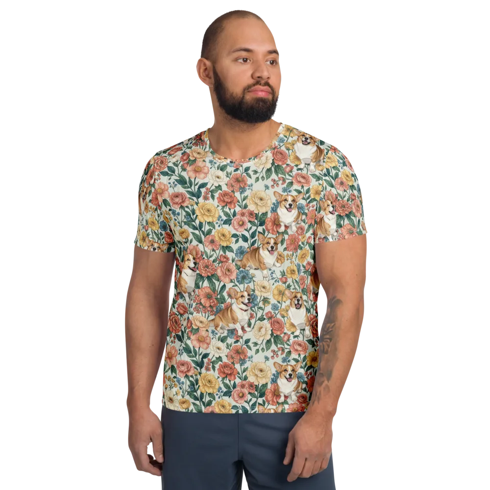 Garden Corgi on Men's Athletic T-Shirt — Front