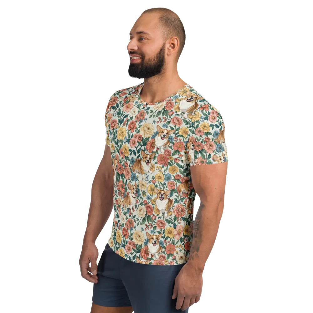Garden Corgi on Men's Athletic T-Shirt — Left