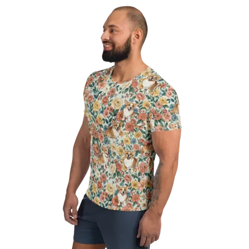 Garden Corgi on a Men's Athletic T-Shirt