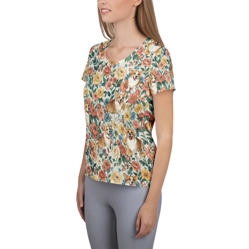 Garden Corgi on Women's Athletic T-Shirt — Left