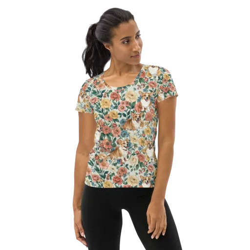 Garden Corgi on a Women's Athletic T-Shirt