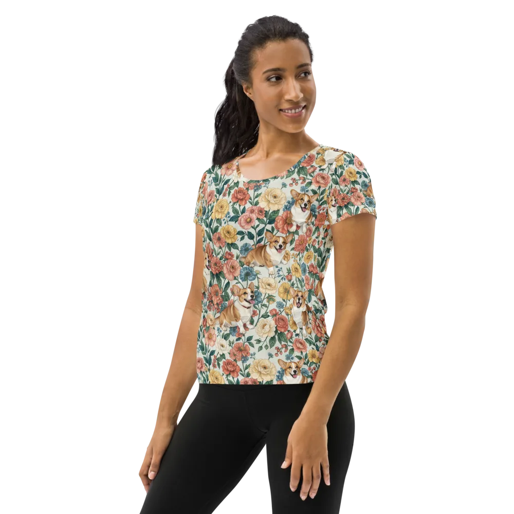 Garden Corgi on Women's Athletic T-Shirt — Left