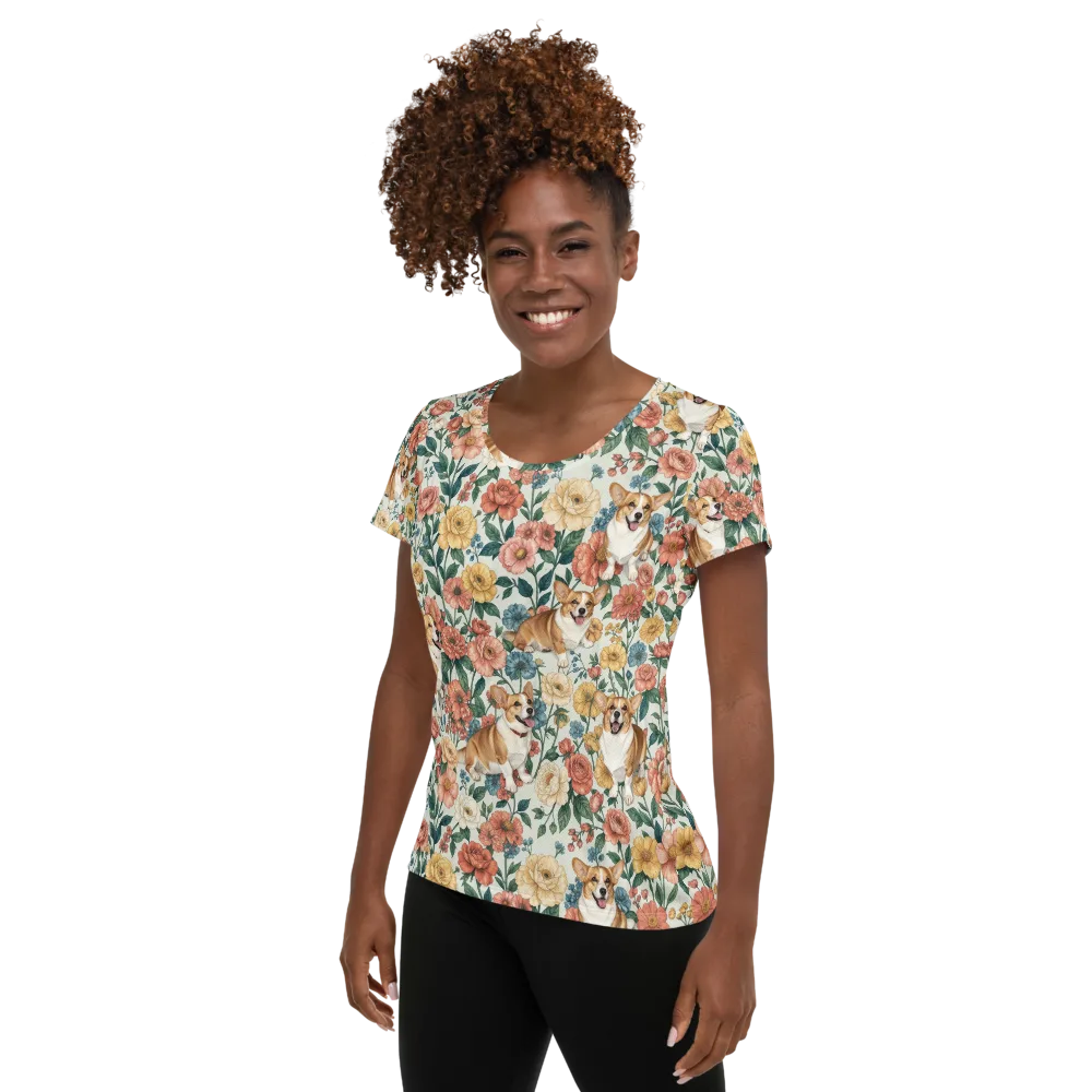 Garden Corgi on Women's Athletic T-Shirt — Left