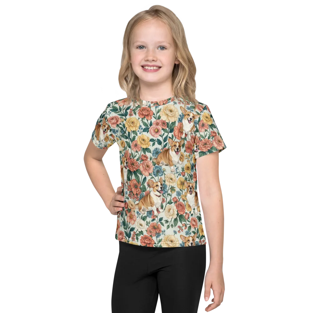 Garden Corgi on Kids Crew Neck T-Shirt — Front